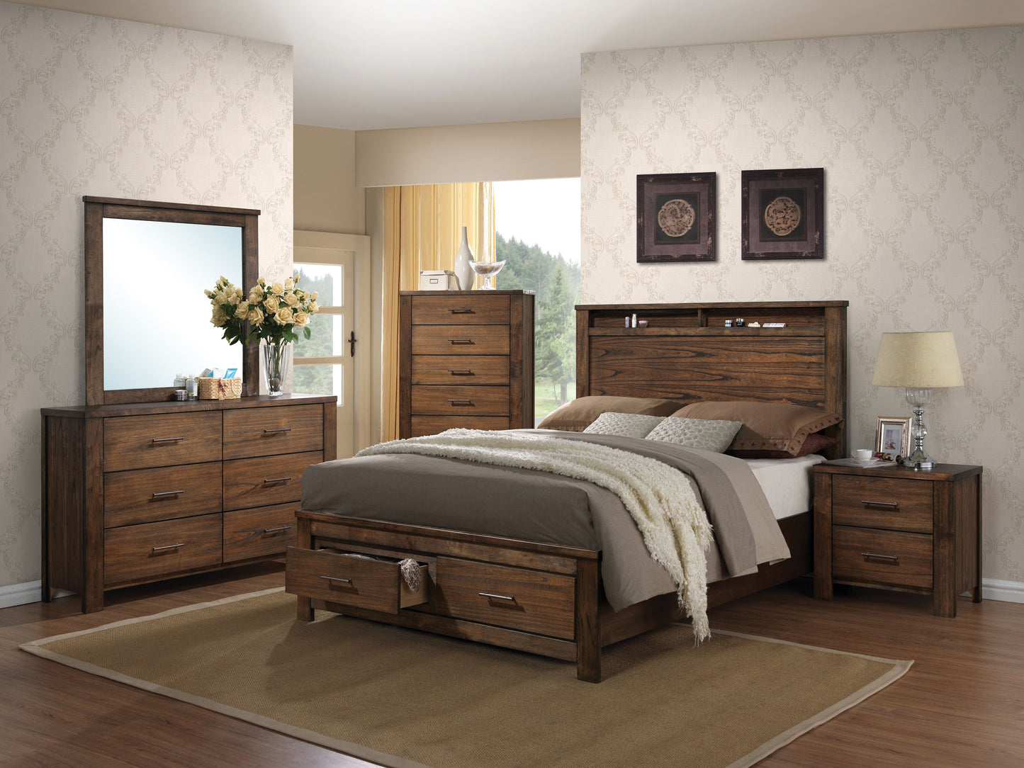 Dark wood king size bed frame with storage drawers