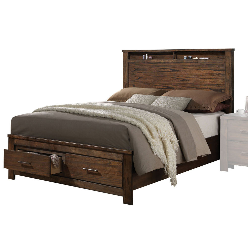 Dark wood king bed frame with storage drawers and bookcase headboard