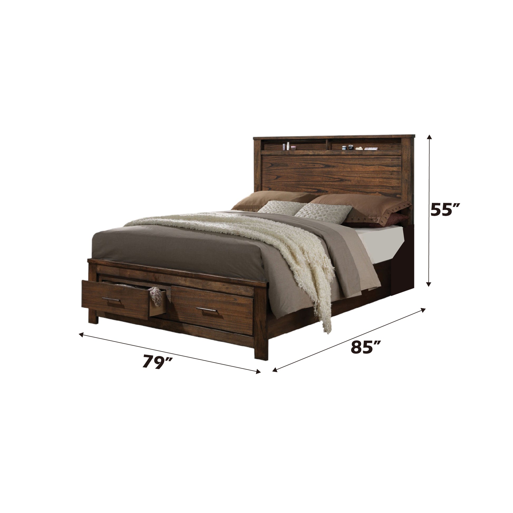 Dark brown wooden queen bed frame with storage drawers and headboard shelf