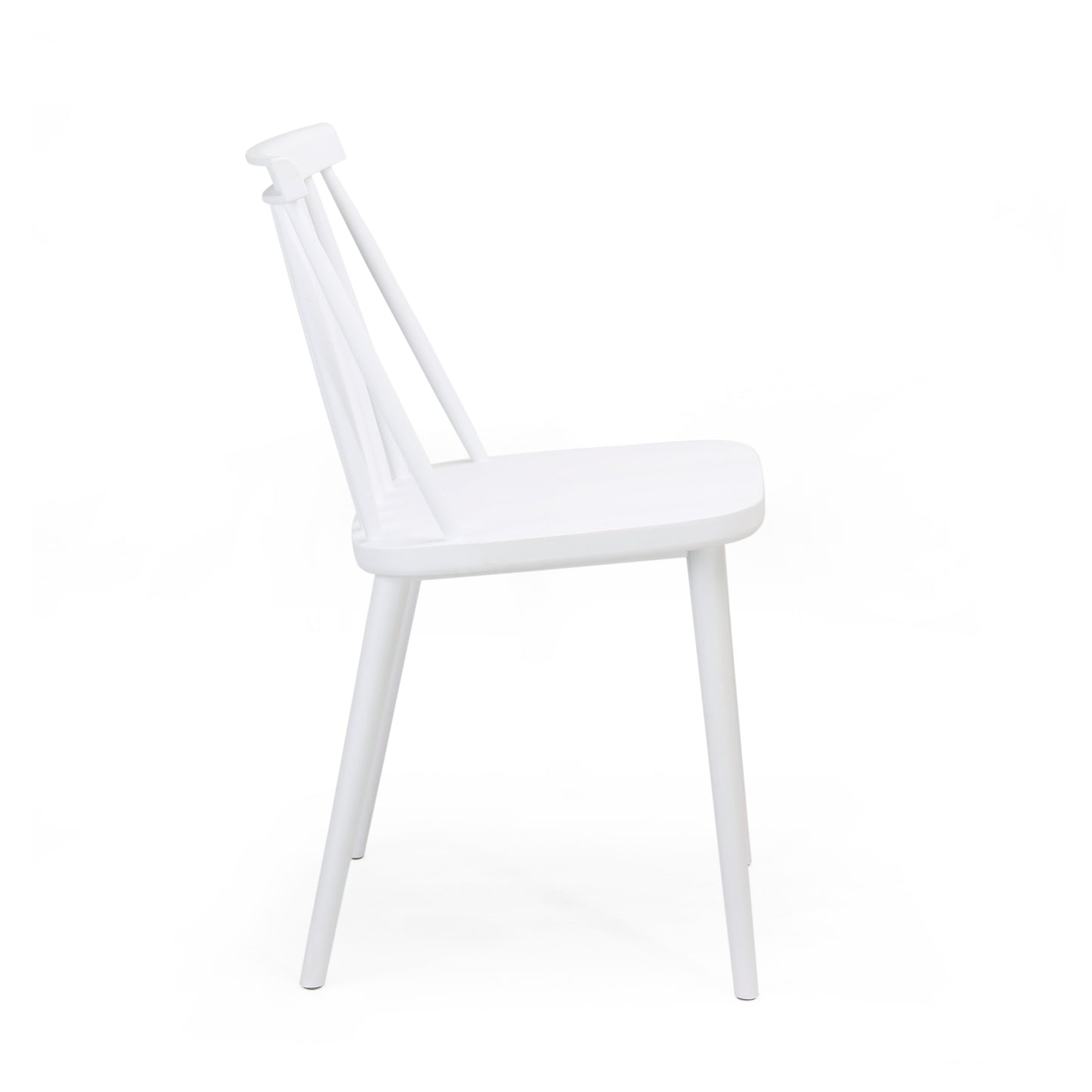 White wooden dining chair with spindle back and tapered legs