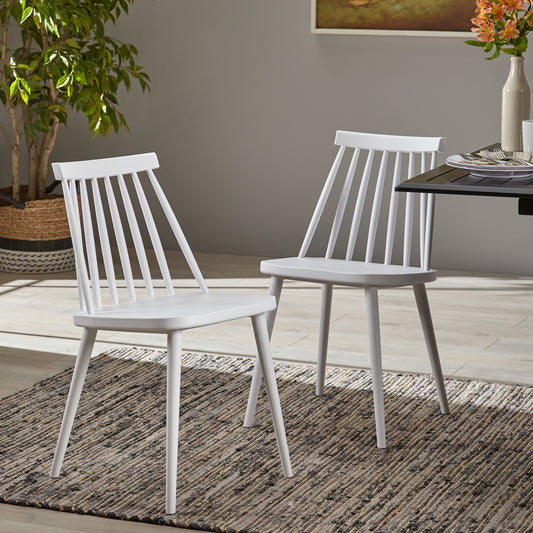 Two white Windsor chairs with spindle backs