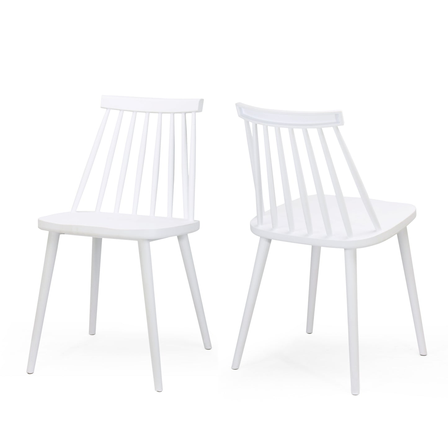 White spindle back dining chair from front and side view