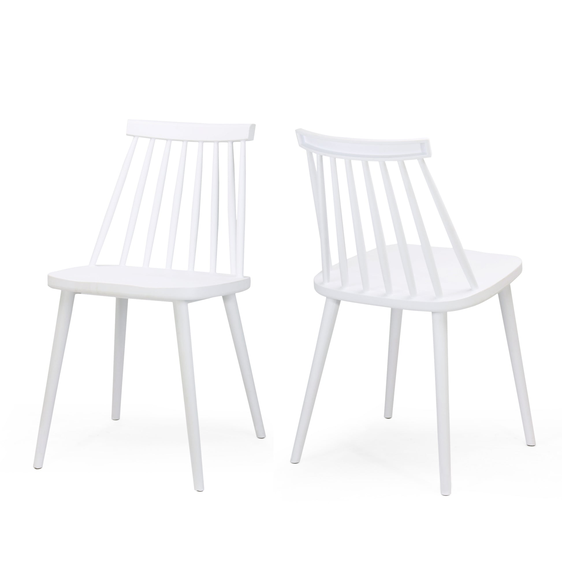 White spindle back dining chair from front and side view