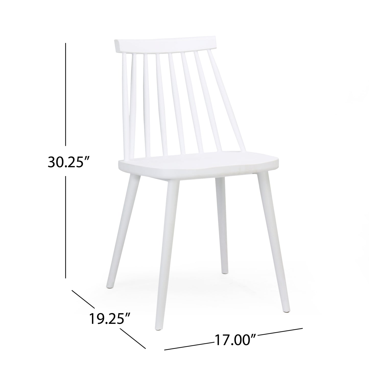 White wooden dining chair with spindle back and tapered legs