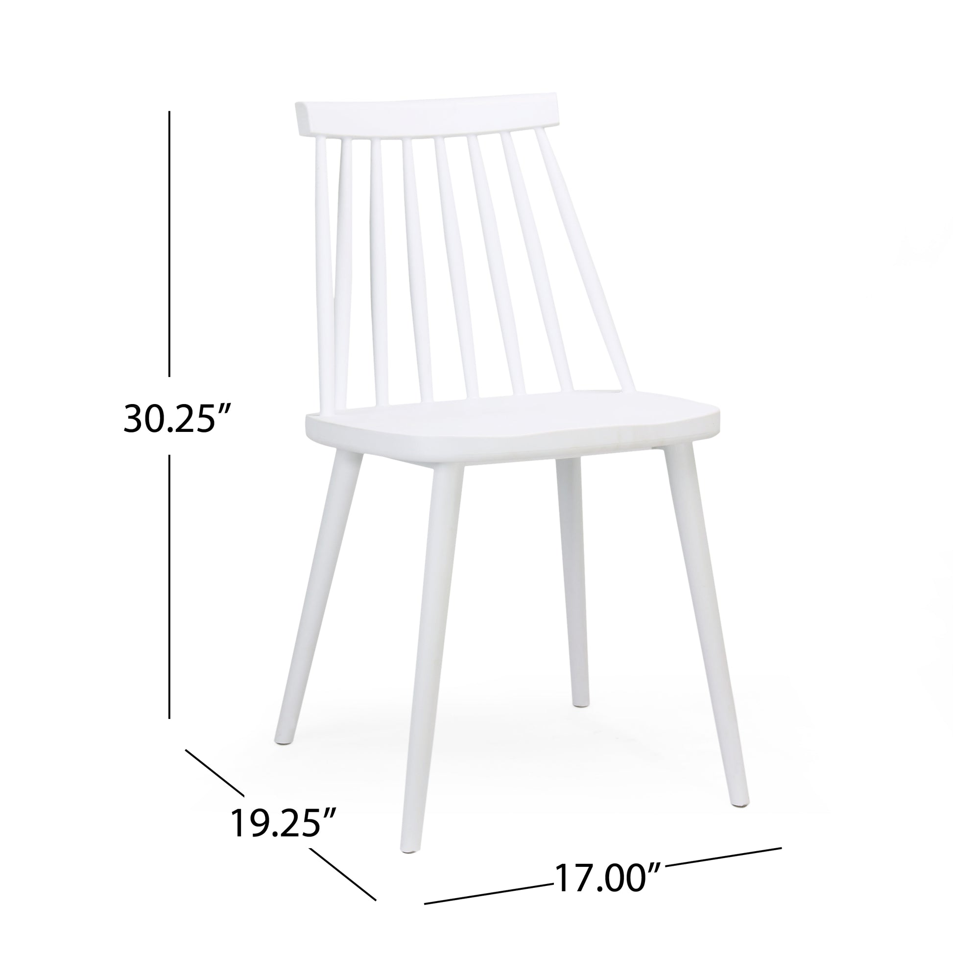 White wooden dining chair with spindle back and tapered legs