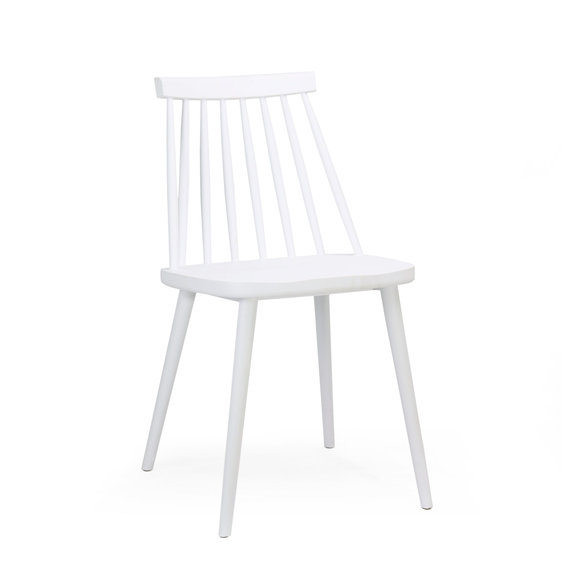 White spindle back dining chair with a smooth seat and four tapered legs