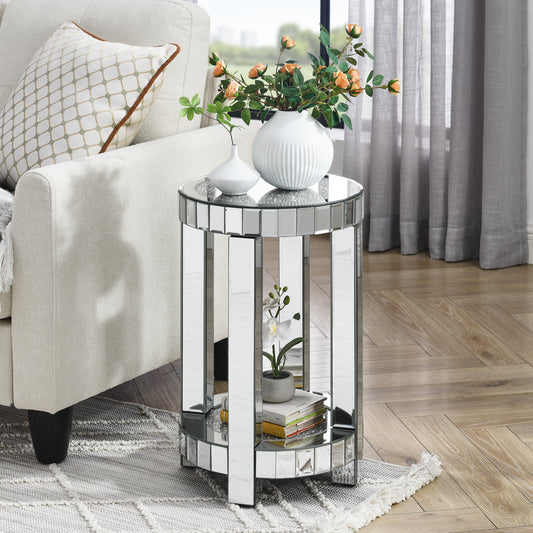 Round mirrored accent table with clear glass top and shelf