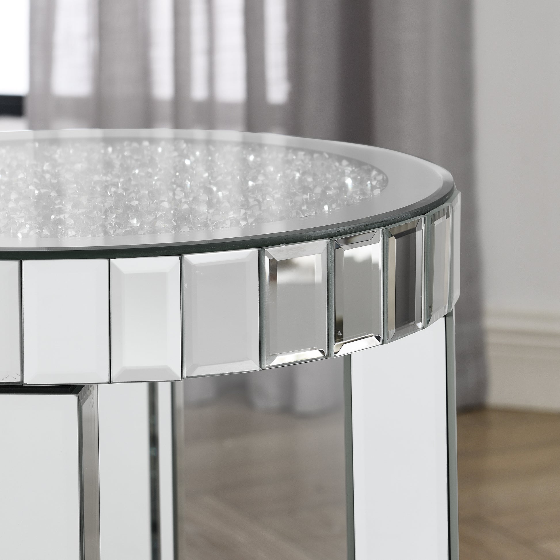 Clear glass end table with mirrored tile accents and crystalfilled inlay