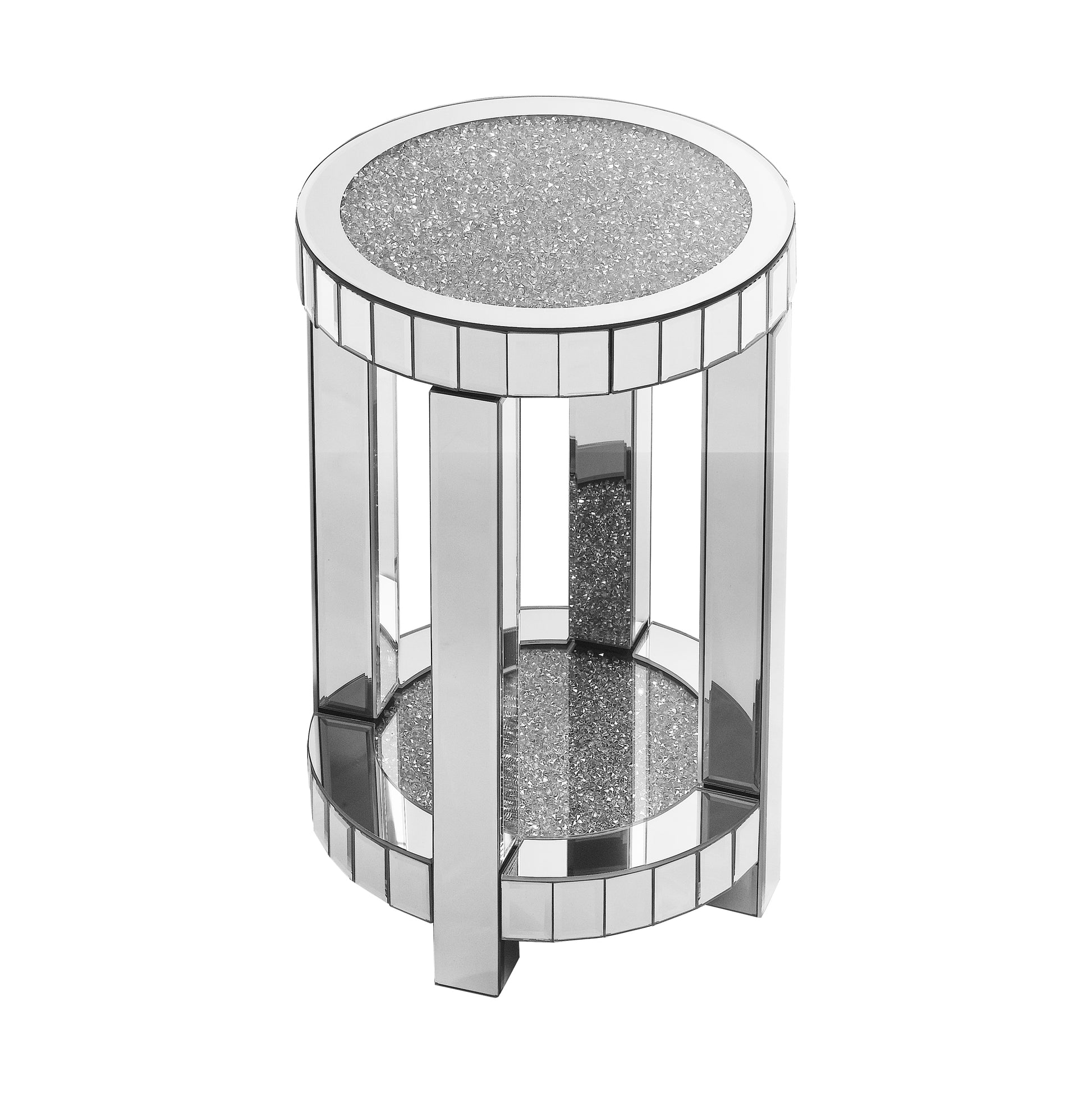 Round mirrored side table with crushed crystal inlay top