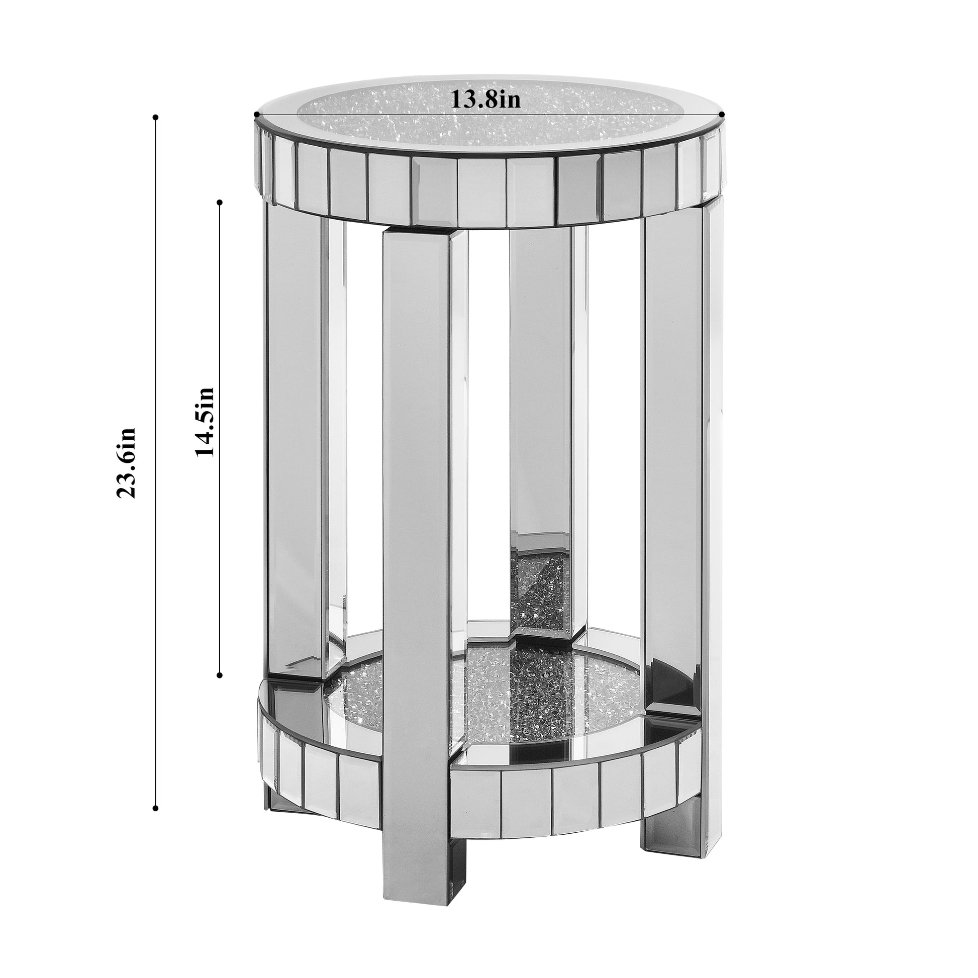 Round mirrored end table with crushed diamond accents and silver trim