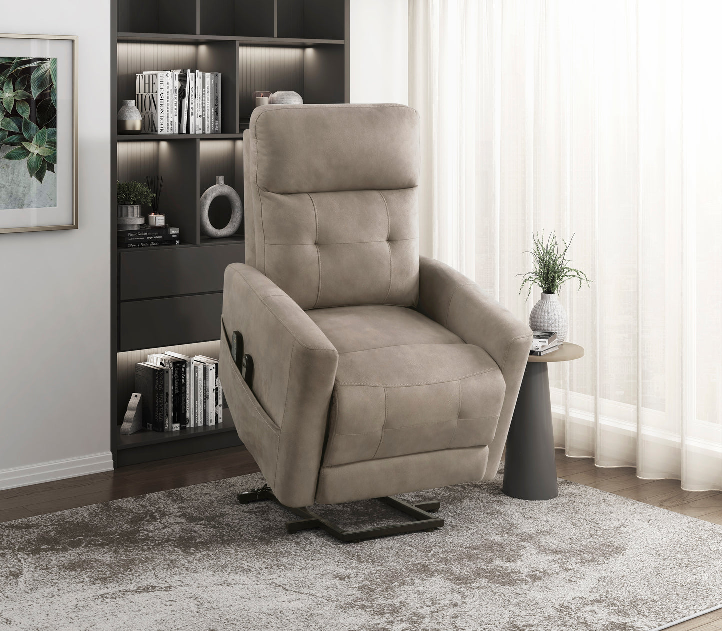 Taupe power lift recliner with side pocket and remote