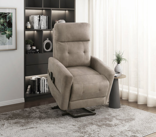 Taupe power lift recliner with side pocket and remote