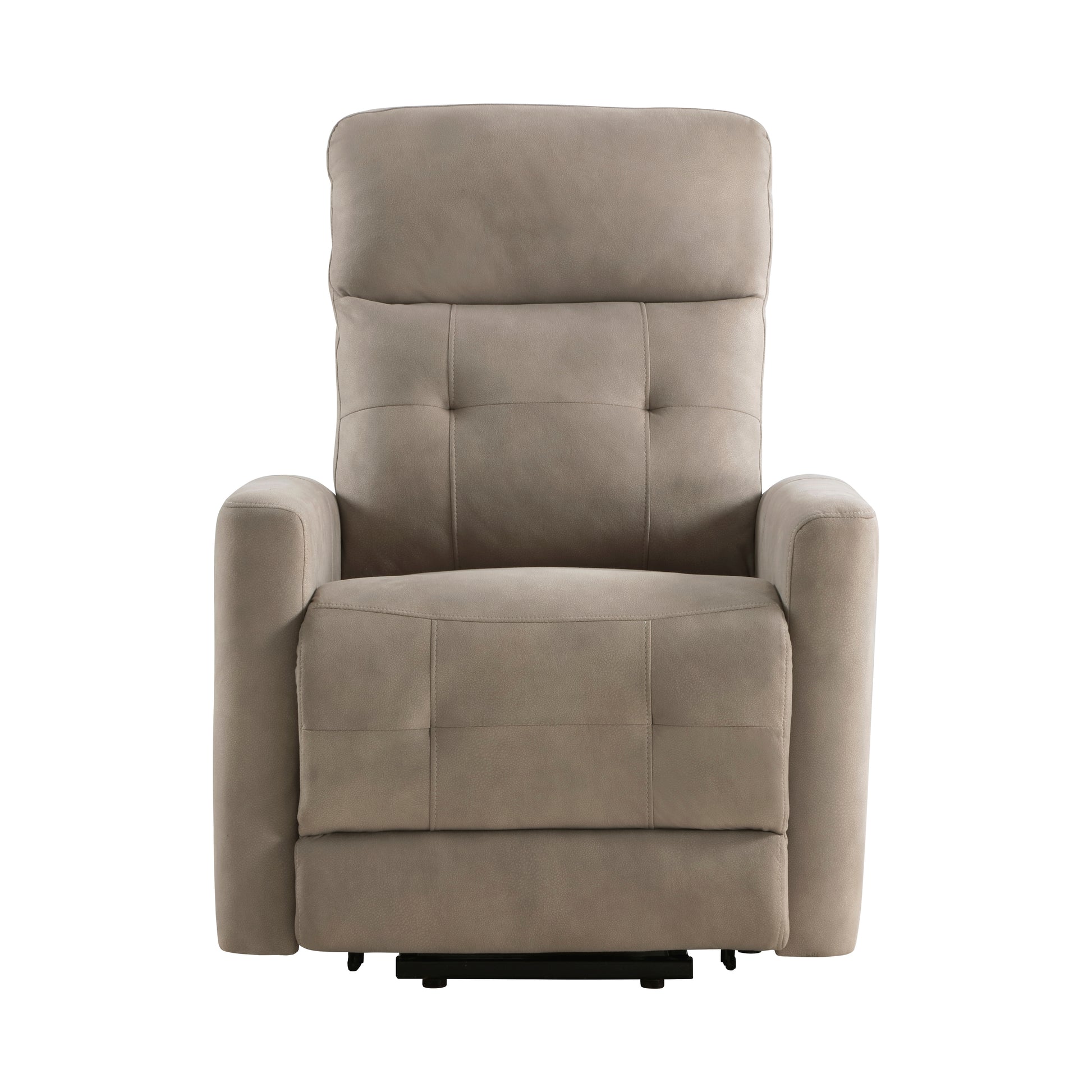 Taupe power recliner with plush cushioning and tufted back