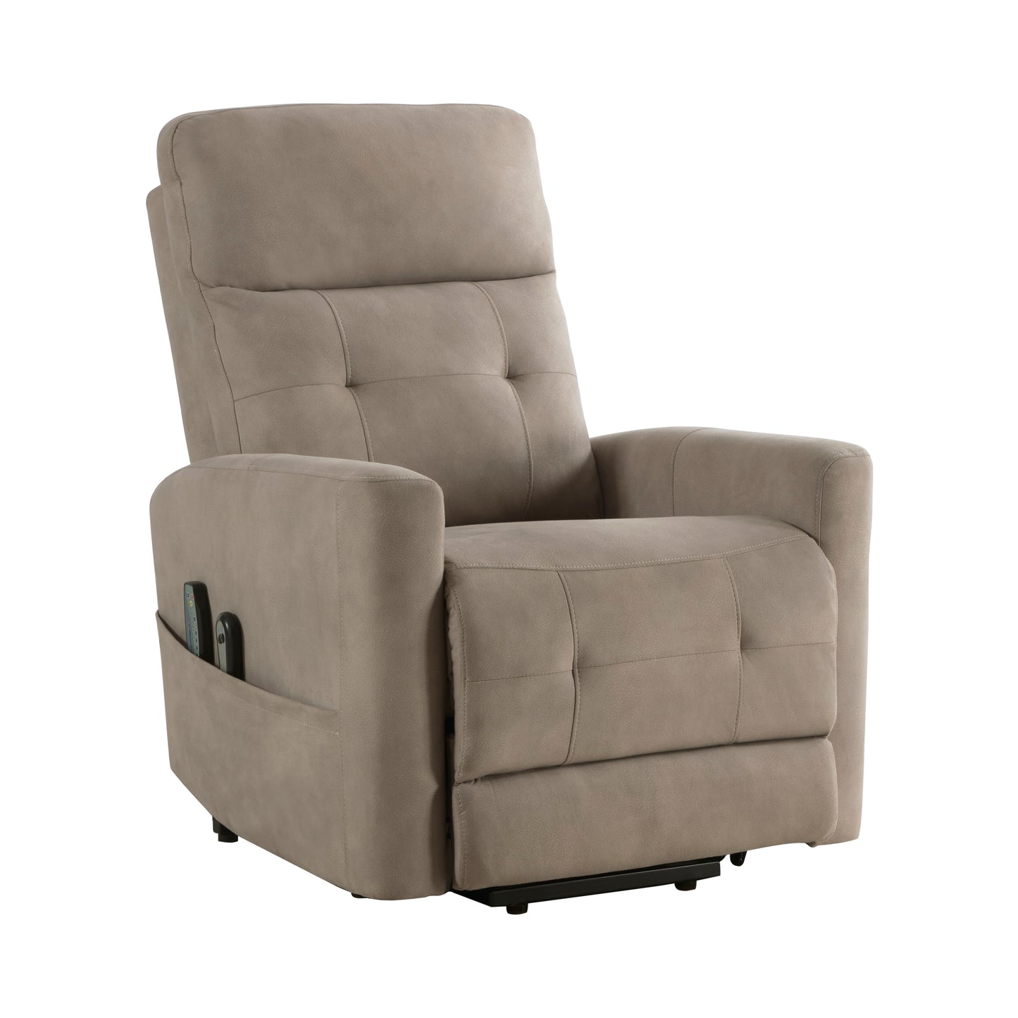 Taupe fabric power lift recliner with side pocket and remote
