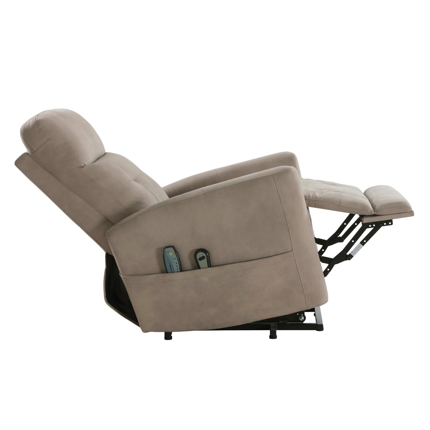 Taupe fabric lift chair with remote in side pocket