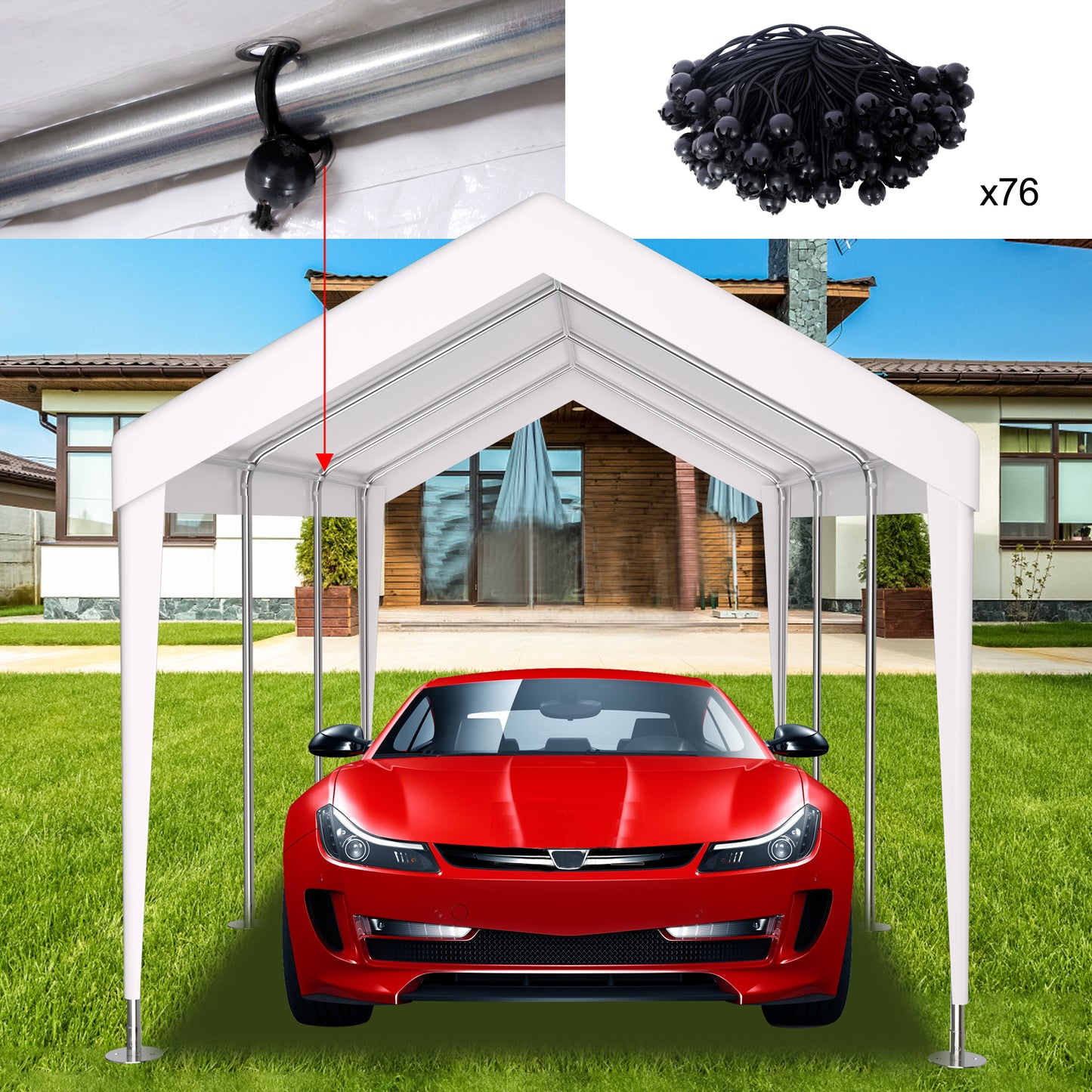 White carport with silver frame protecting a red car