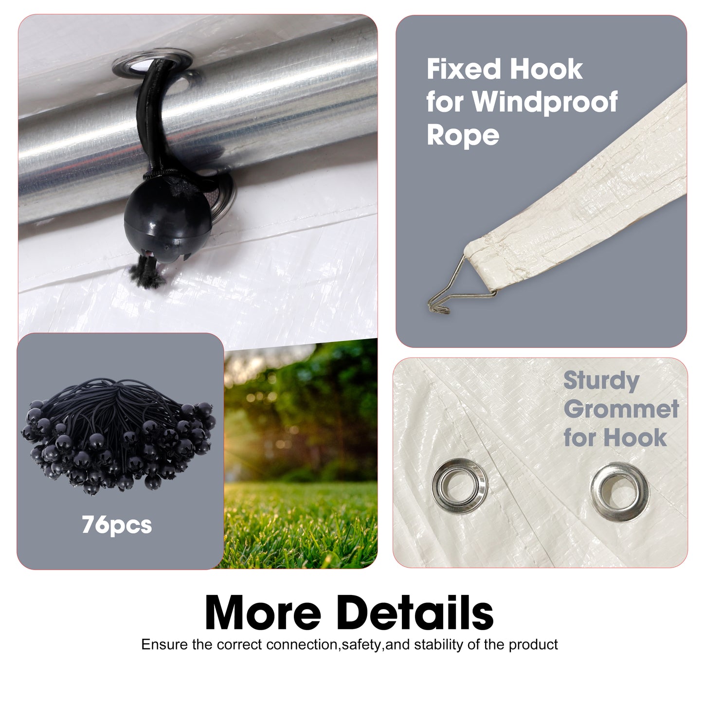 Black bungee cord with ball end securing a tarp to a metal pole
