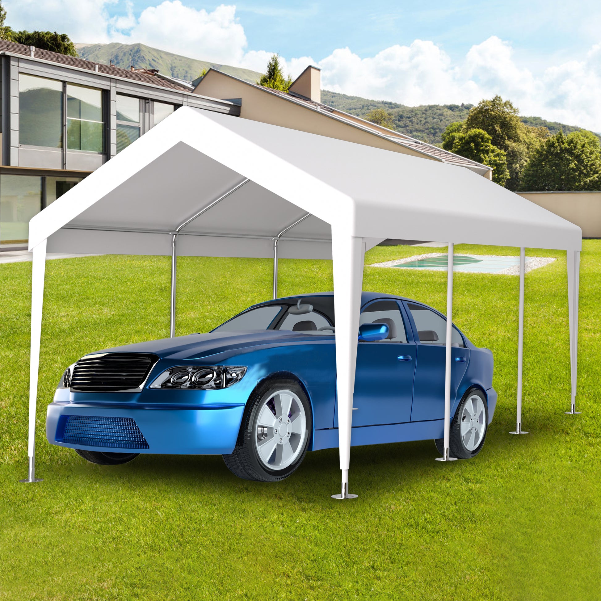 White canopy tent providing shelter for a blue sedan
