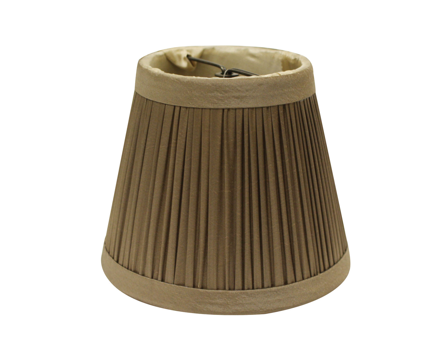 Pleated taupe fabric lampshade with beige trim