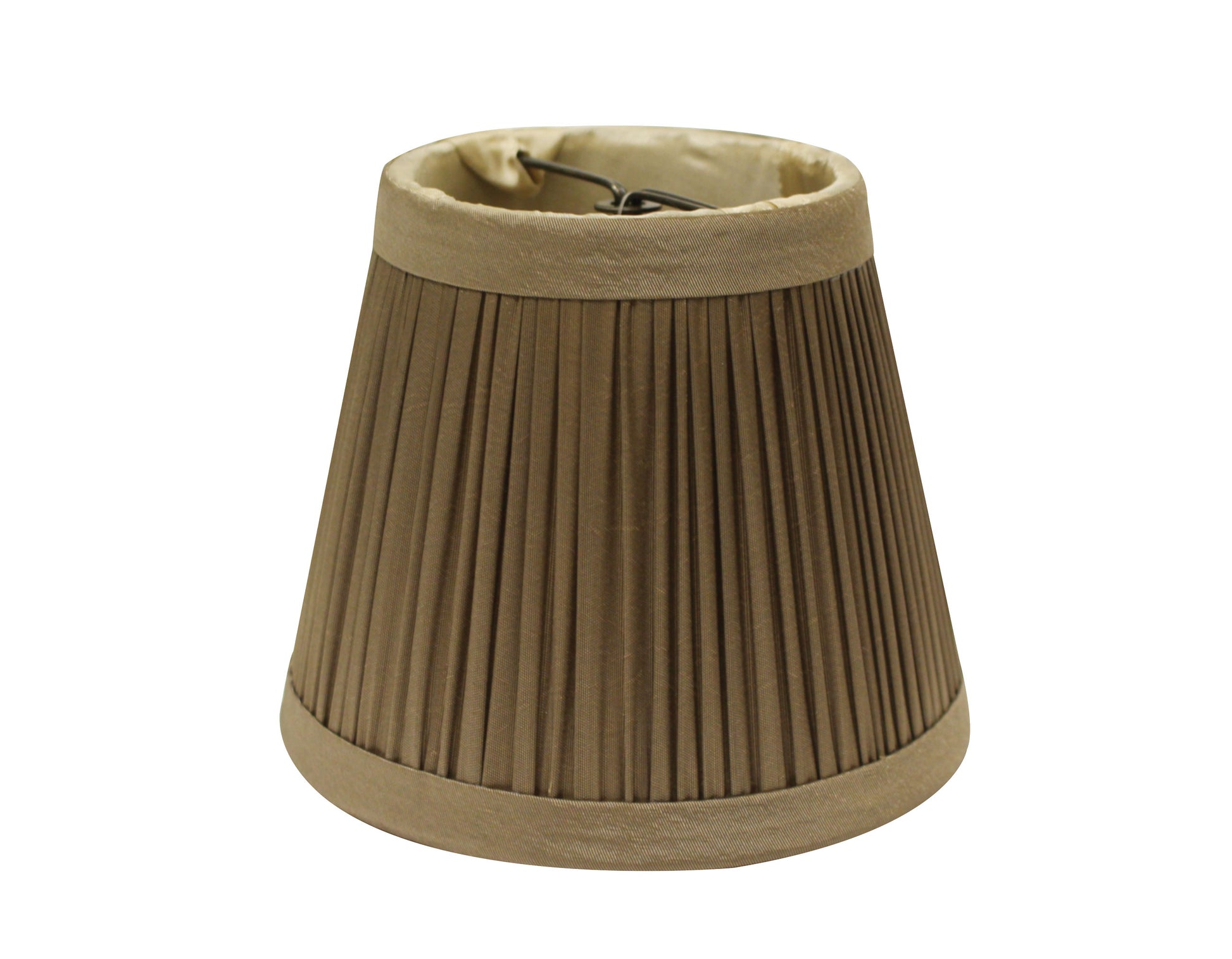 Pleated taupe fabric lampshade with beige trim