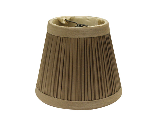 Pleated taupe fabric lampshade with beige trim