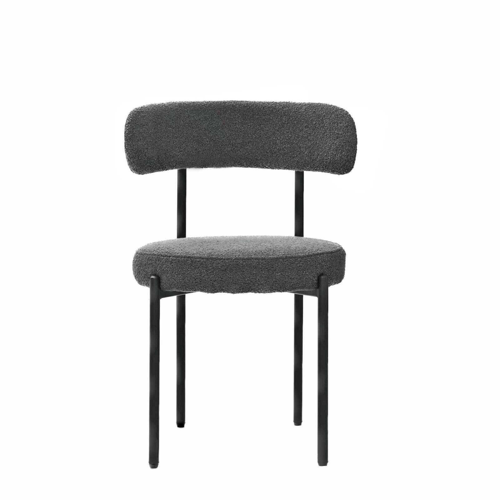 Textured grey boucle dining chair with black metal legs