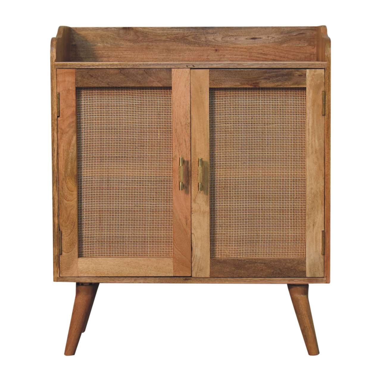 Rustic solid wood cabinet with cane panel doors and brass hardware