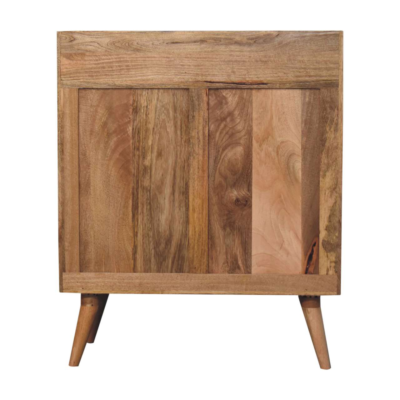 Solid mango wood nightstand with a rustic plank design and tapered legs