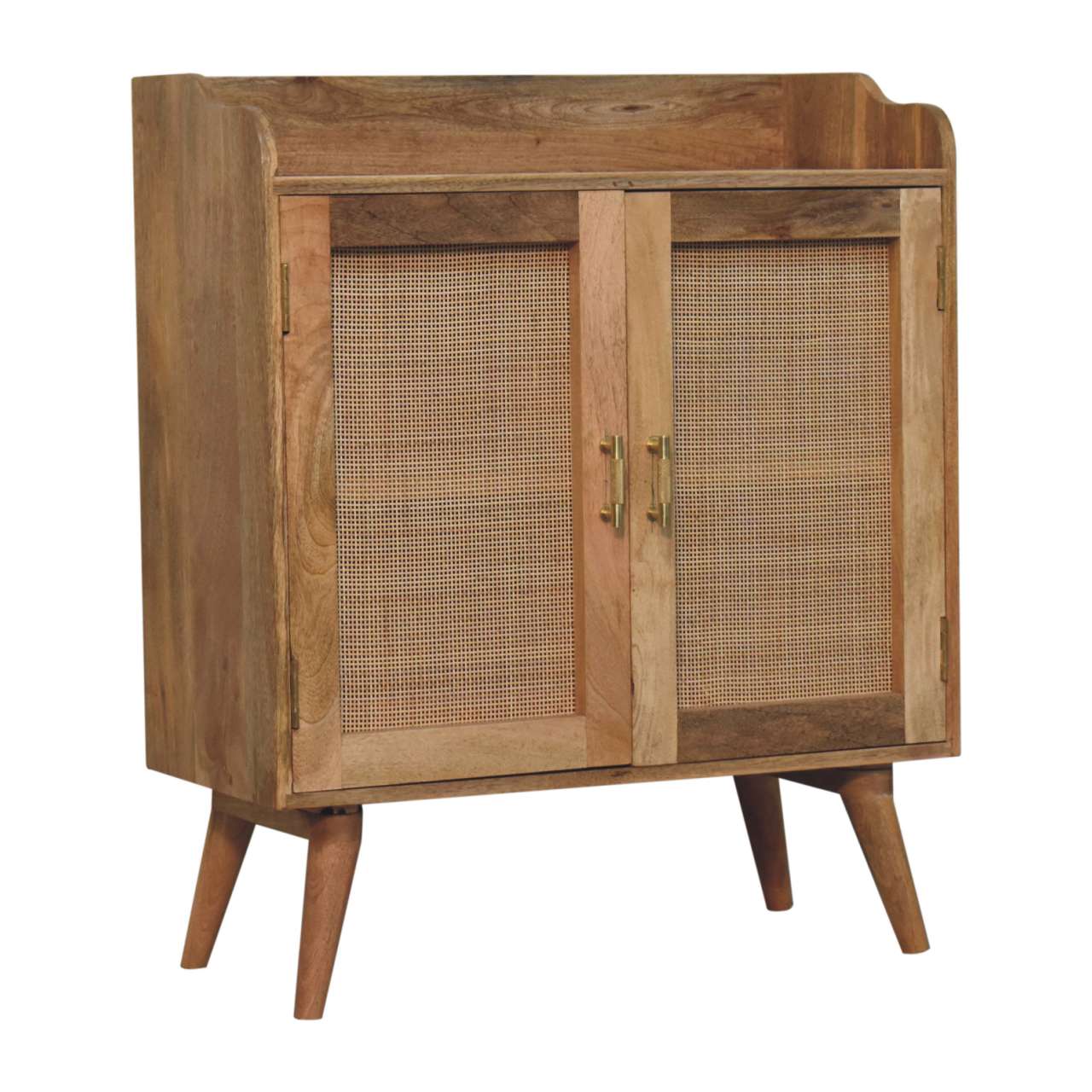 Rustic wooden cabinet with cane doors and tapered legs