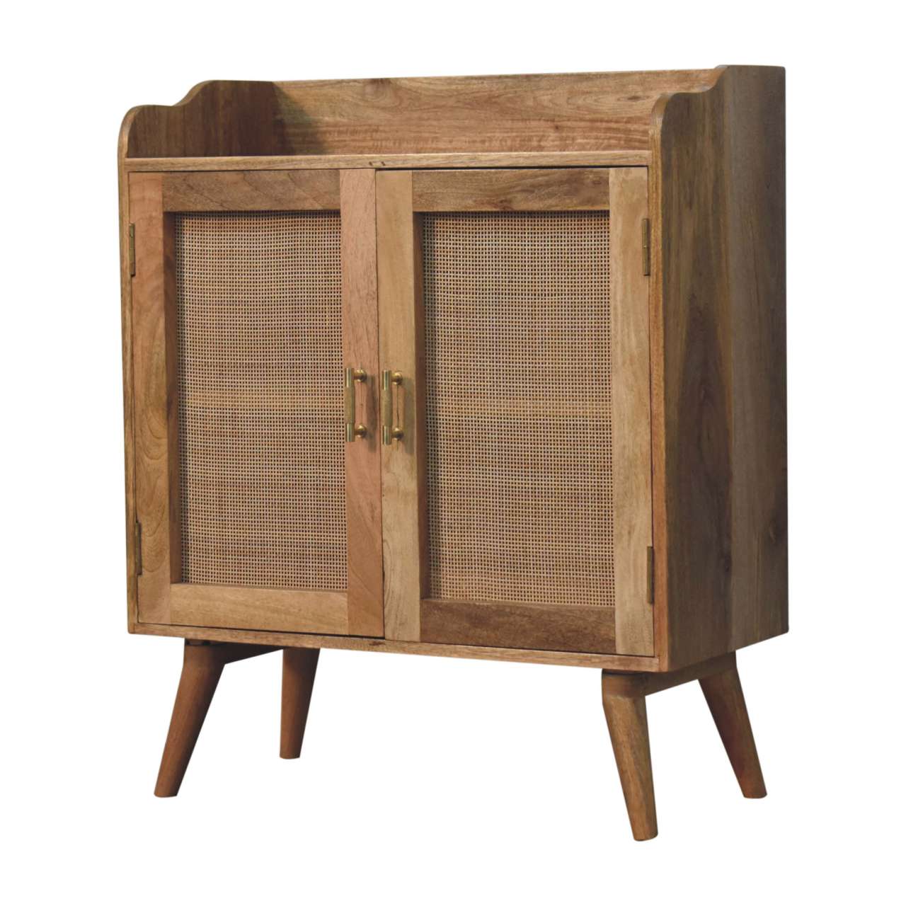 Light wood cabinet with woven cane doors and brass handles