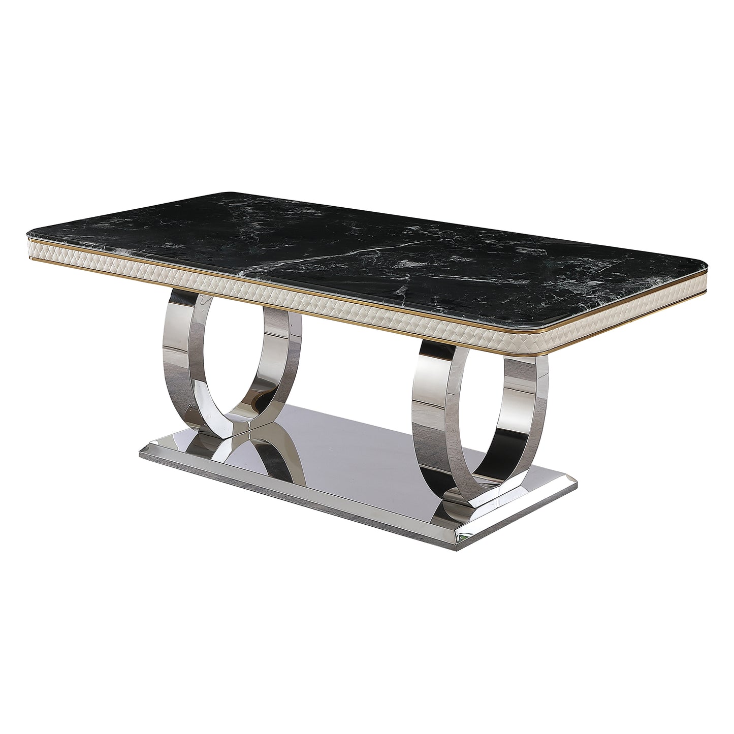 Black marble top dining table with quilted ivory pedestal and chrome accents