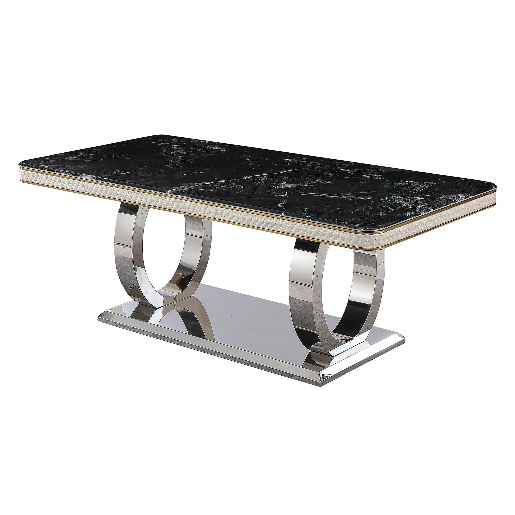 Black marble top dining table with quilted ivory pedestal and chrome accents