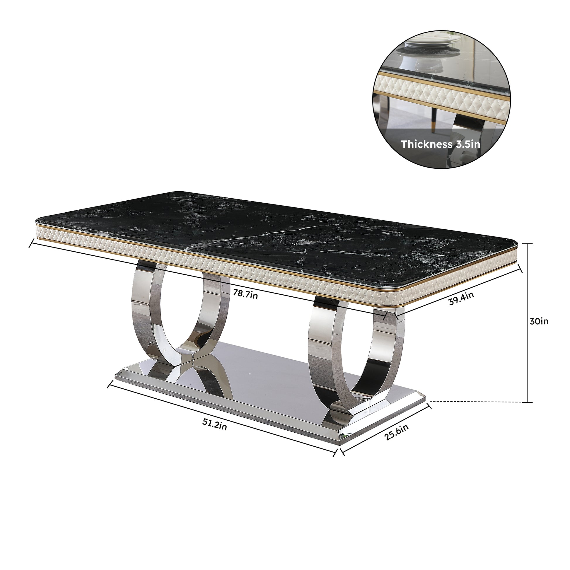 Black marble dining table with chrome pedestal base and quilted ivory trim