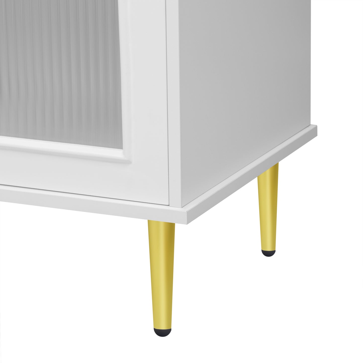 White cabinet with fluted glass door and gold tapered legs