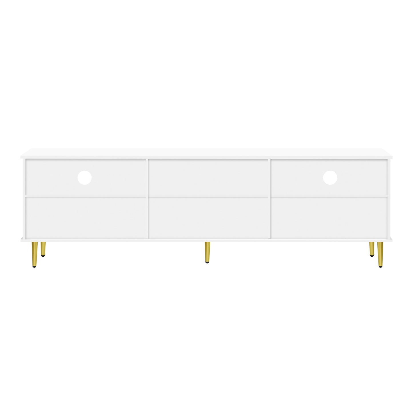 White media console with gold legs and cable management holes