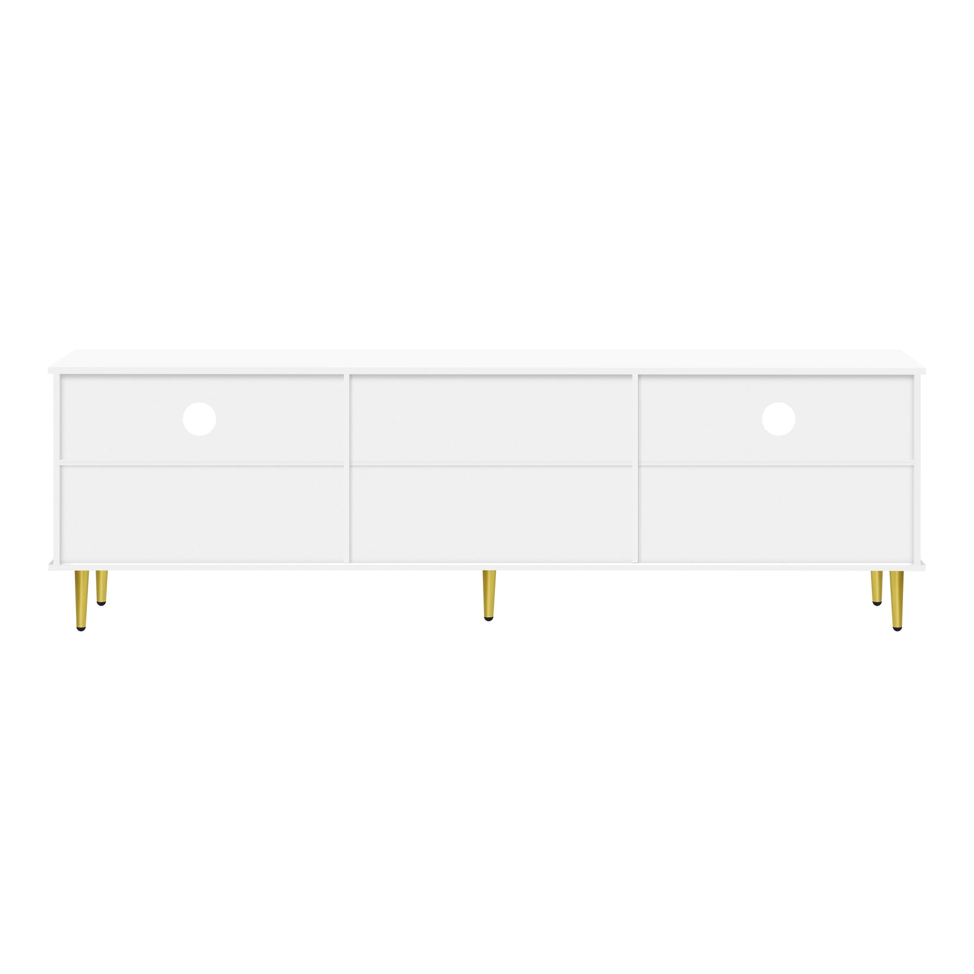 White media console with gold legs and cable management holes