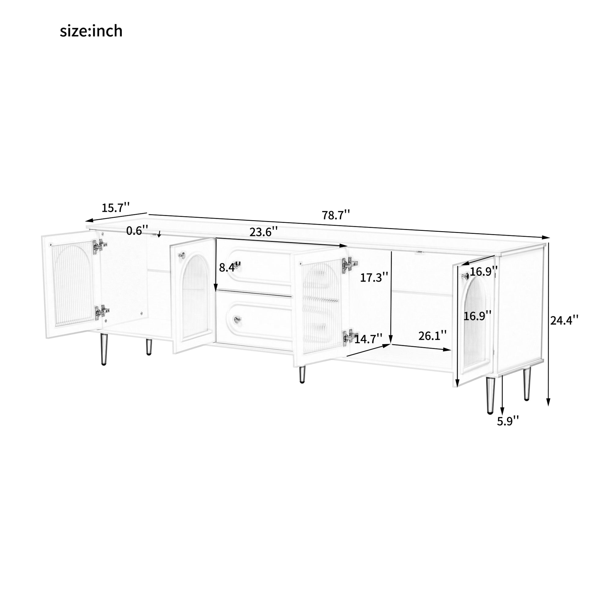 White credenza with fluted glass doors and two drawers