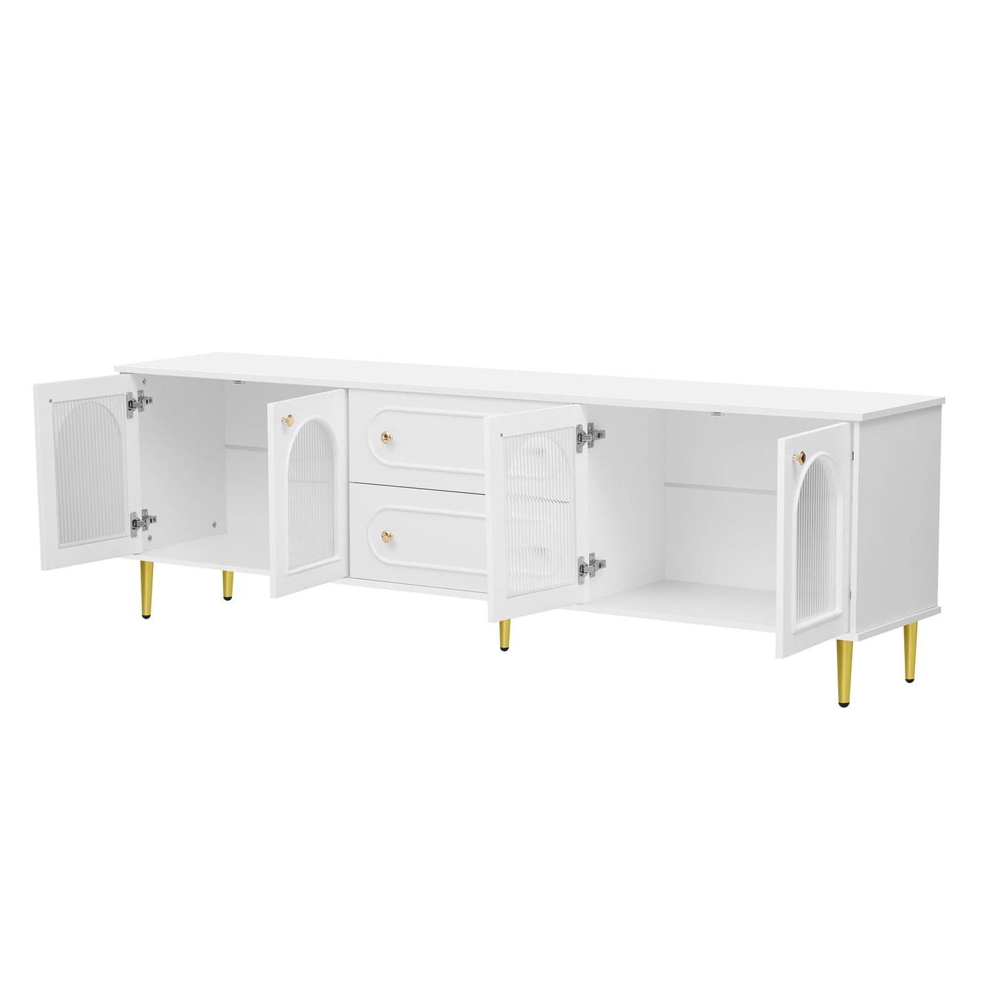 White modern media console with fluted glass doors and gold legs
