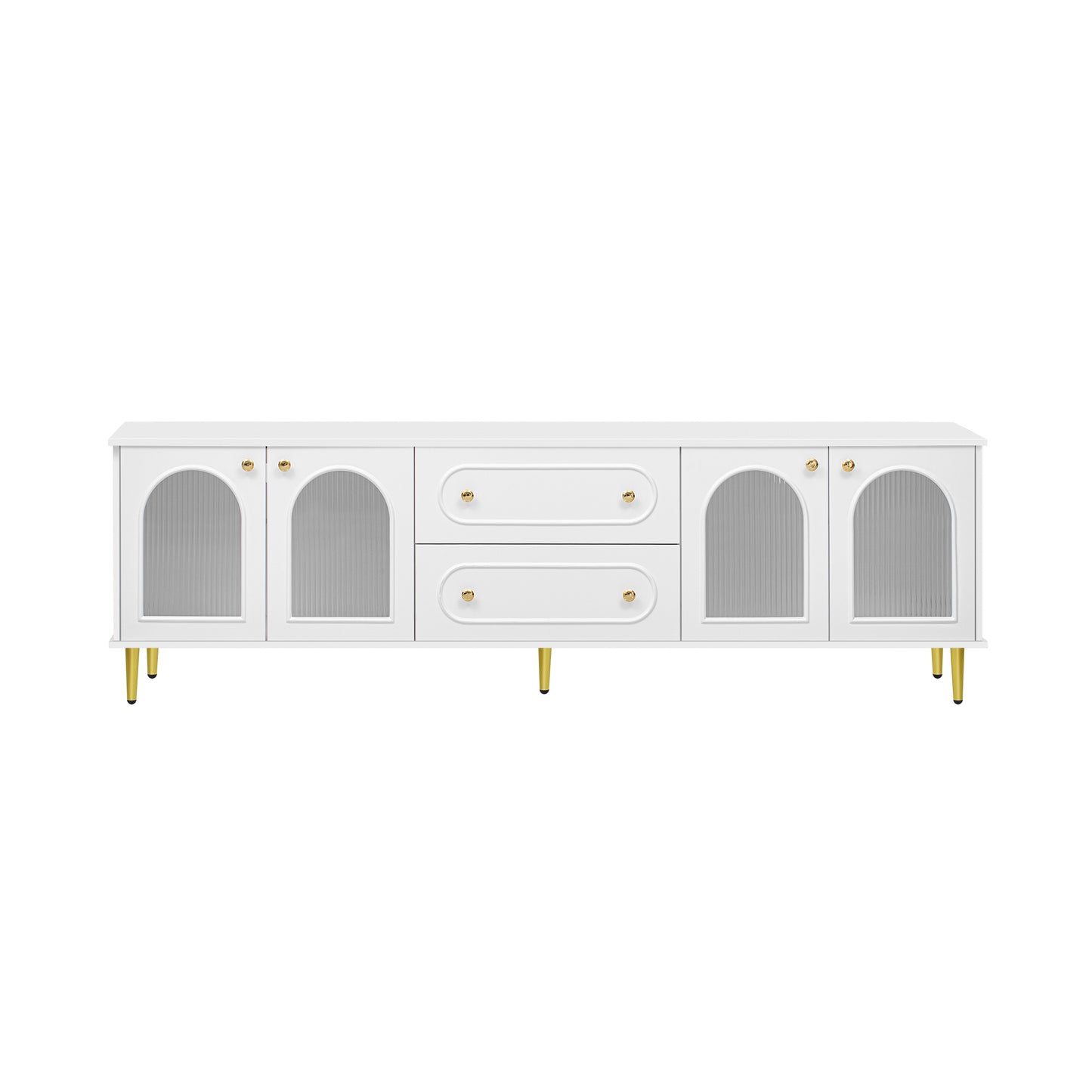 White media console with fluted glass doors and gold accents