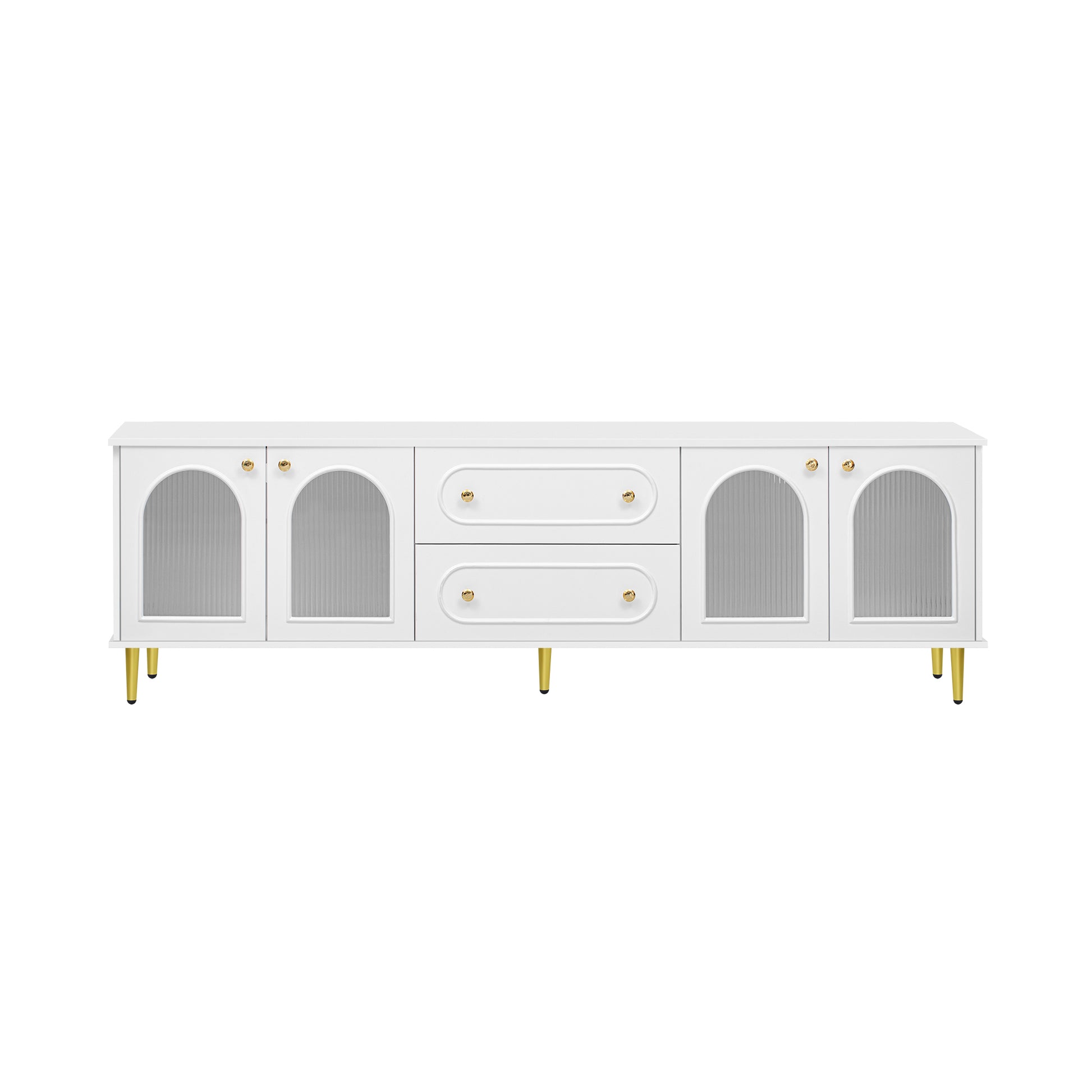 White media console with fluted glass doors and gold accents