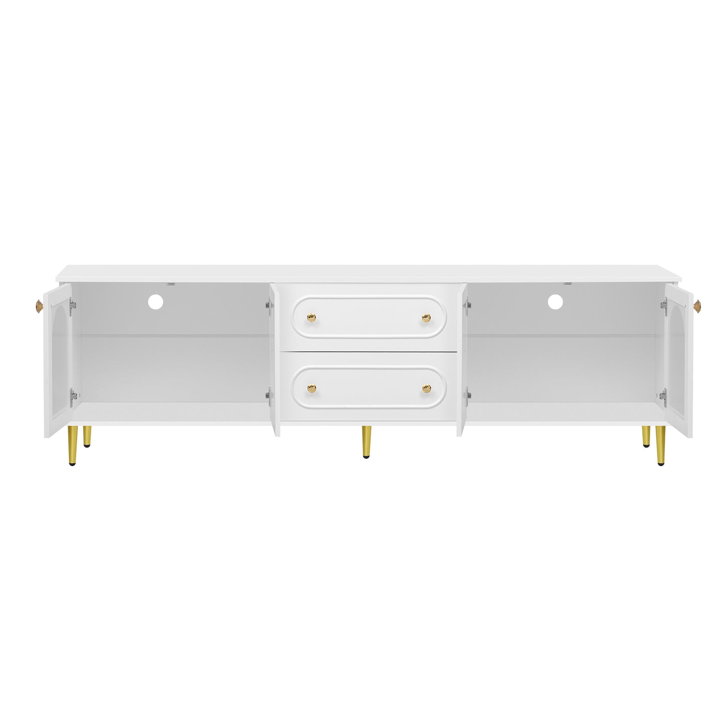 White media console with gold legs and two drawers