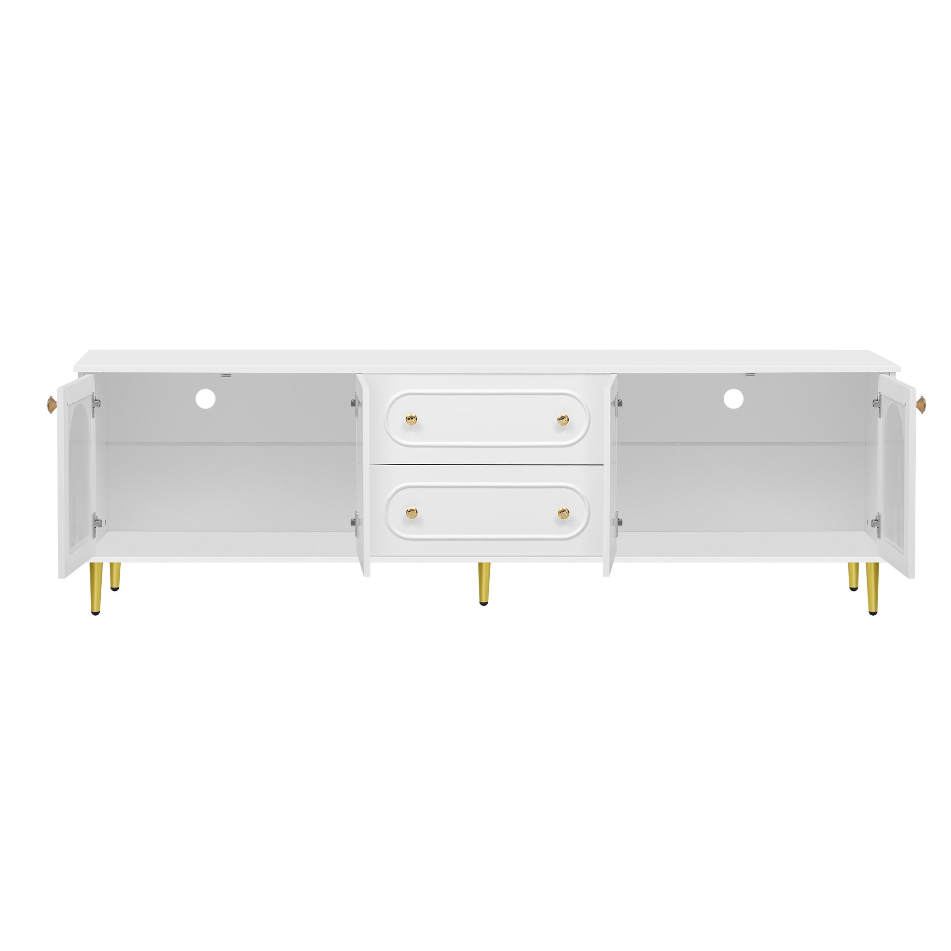White media console with gold legs and two drawers