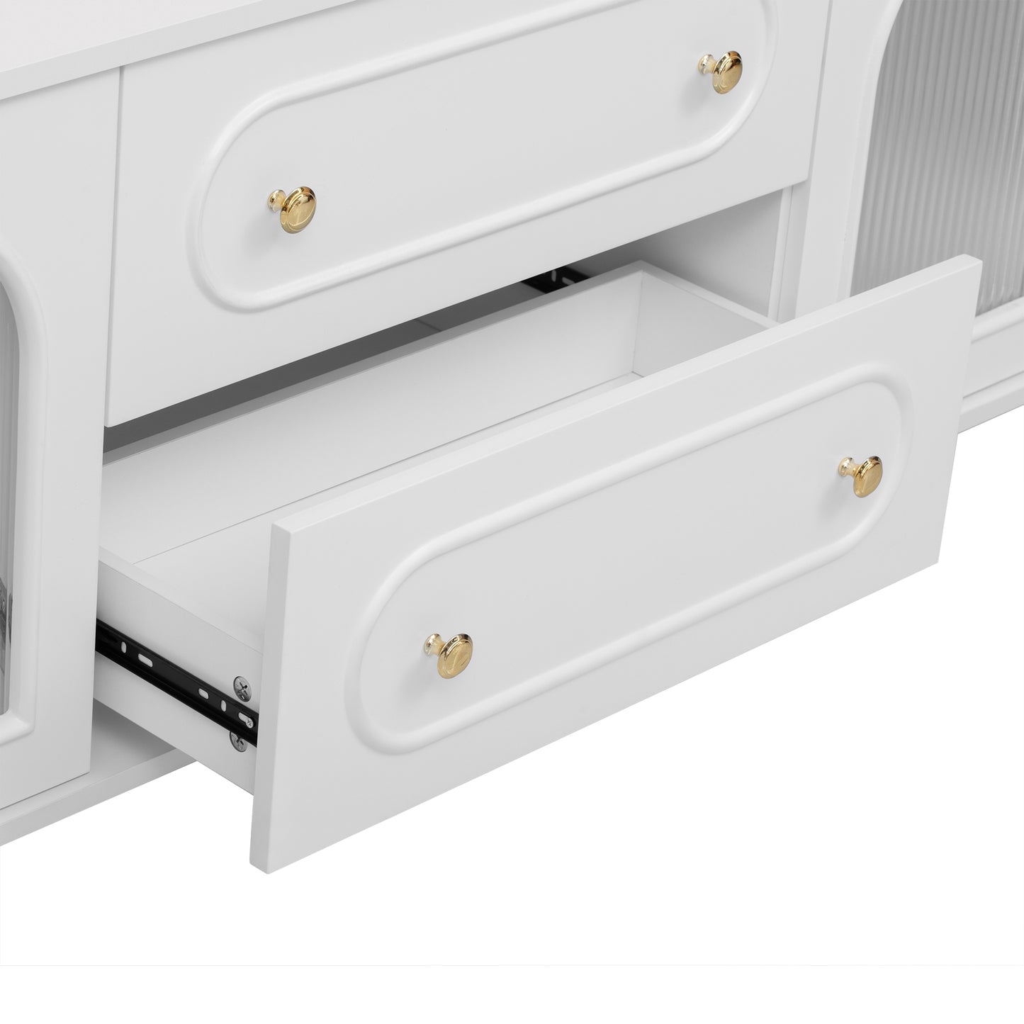 White dresser with gold knob on open drawer
