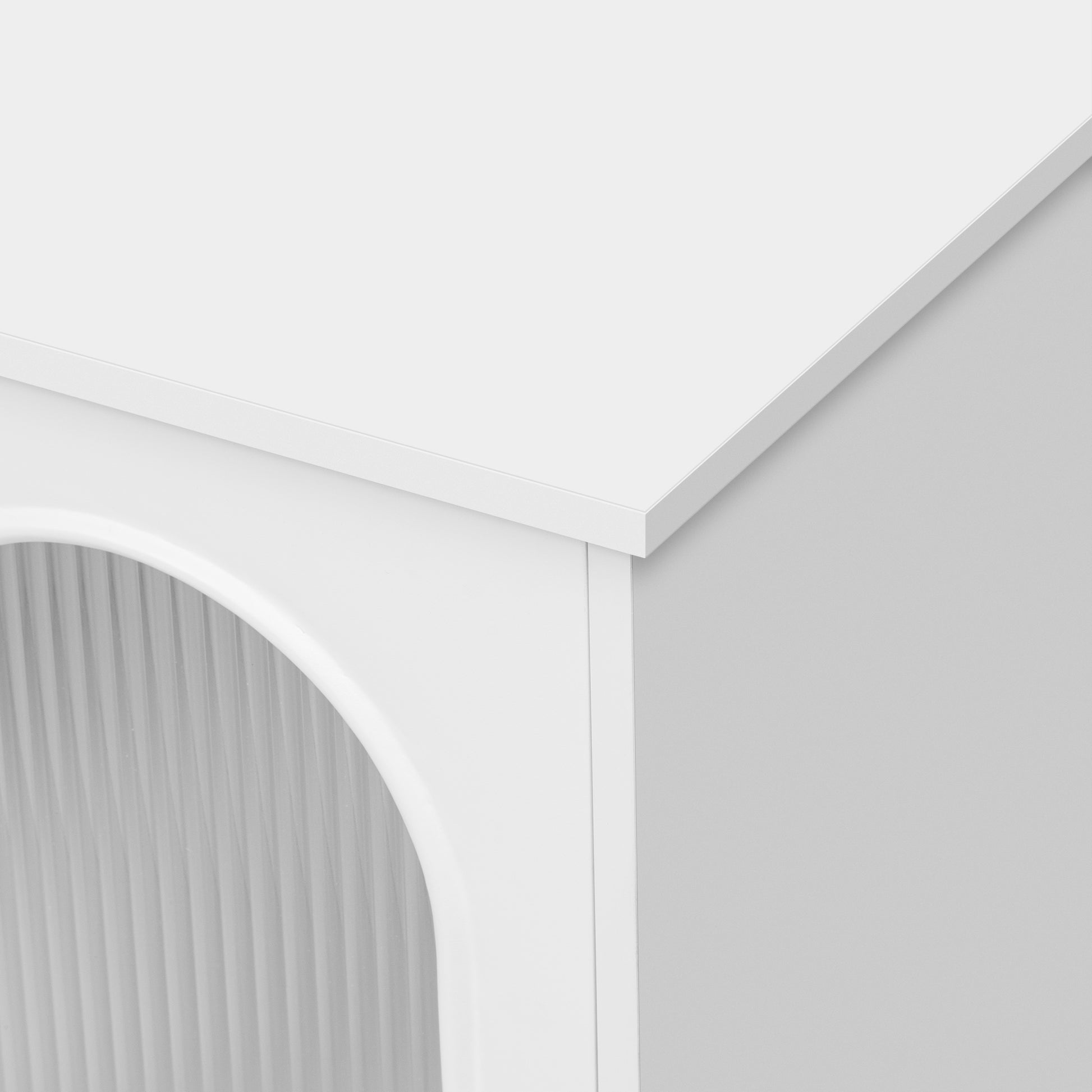 White arch cabinet with fluted glass door and clean modern design