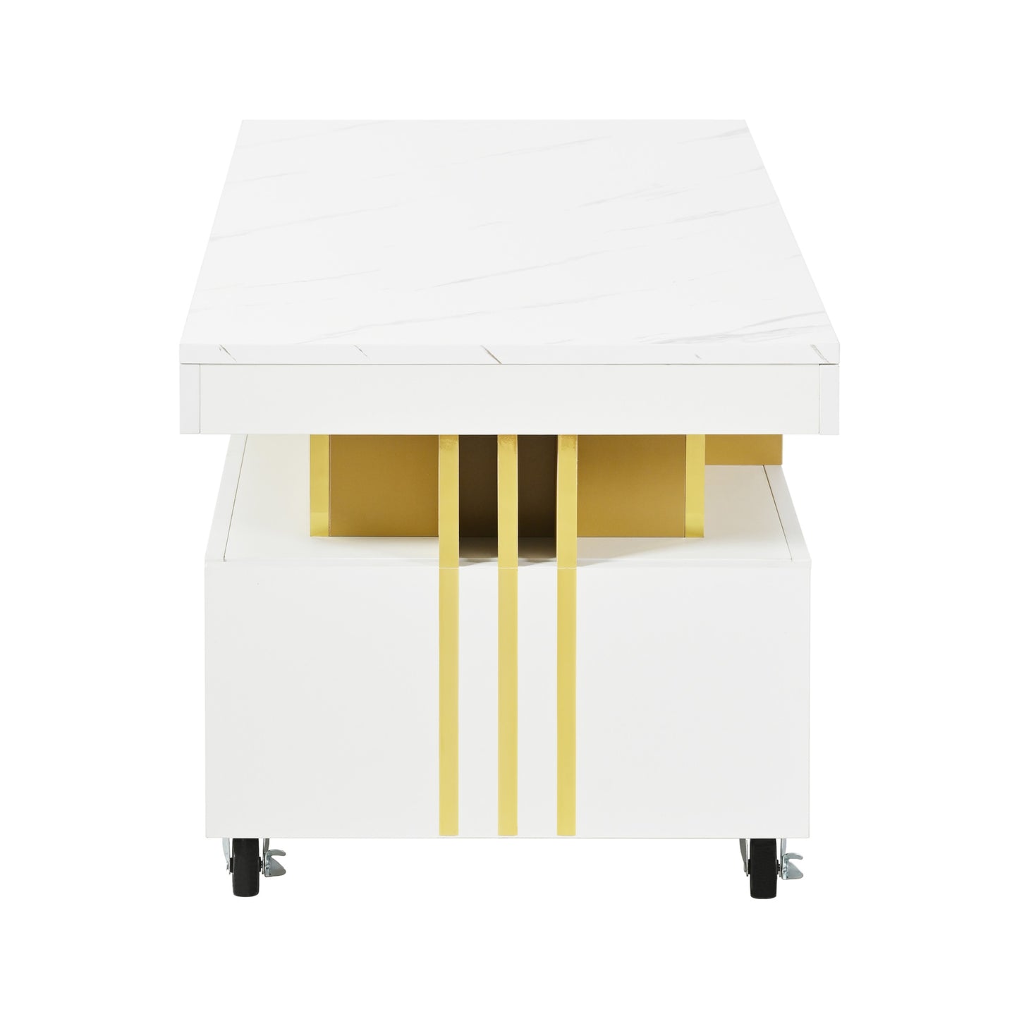 White marble top coffee table with gold accents and casters