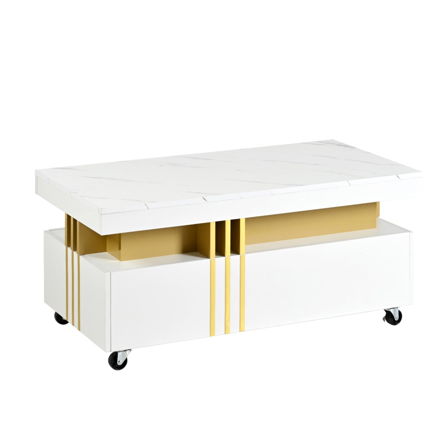 Modern white marble top coffee table with gold accents and wheels