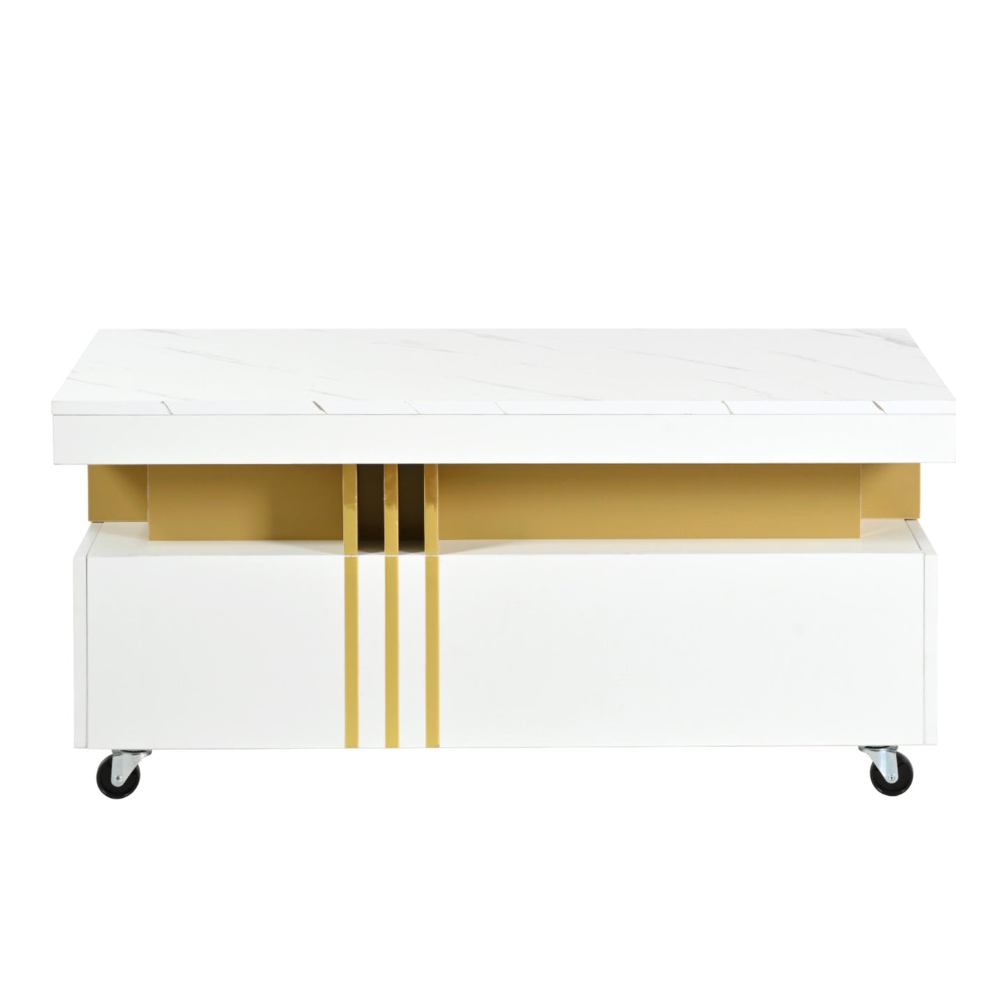 White marble top coffee table with gold accents and wheels