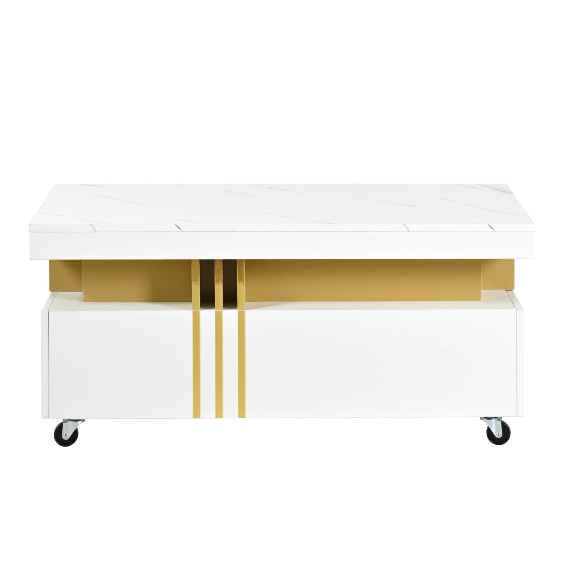 White marble top coffee table with gold accents and wheels