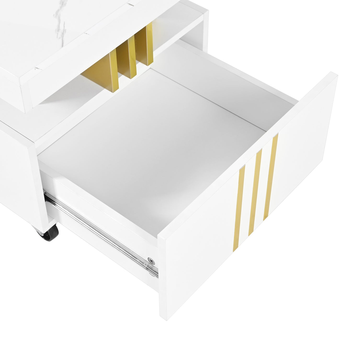 White modern dresser with gold accent drawer pulls and marble top