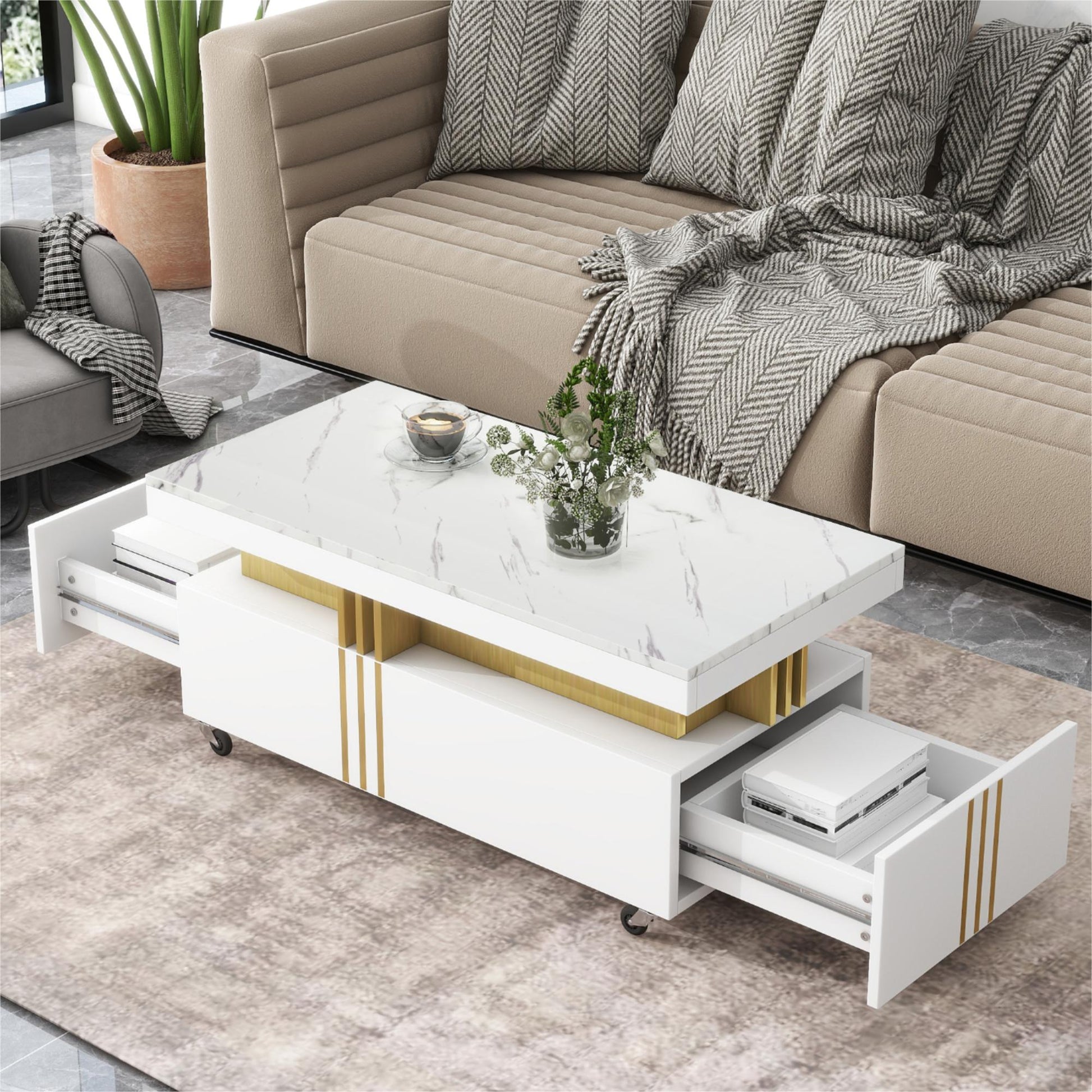 White marble top coffee table with gold accents and storage drawers